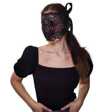 Чорна маска на обличчя з мереживом та стразами для жінок, елегантна венеціанська маска для карнавалу, Хелловіну, косплею, вечірок у костюмах (чорний з червоними стразами)