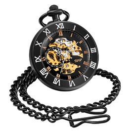 Механічний кишеньковий годинник ShoppeWatch для чоловіків з ланцюжком, ручний завод, прозорий циферблат у стилі стімпанк (чорний)