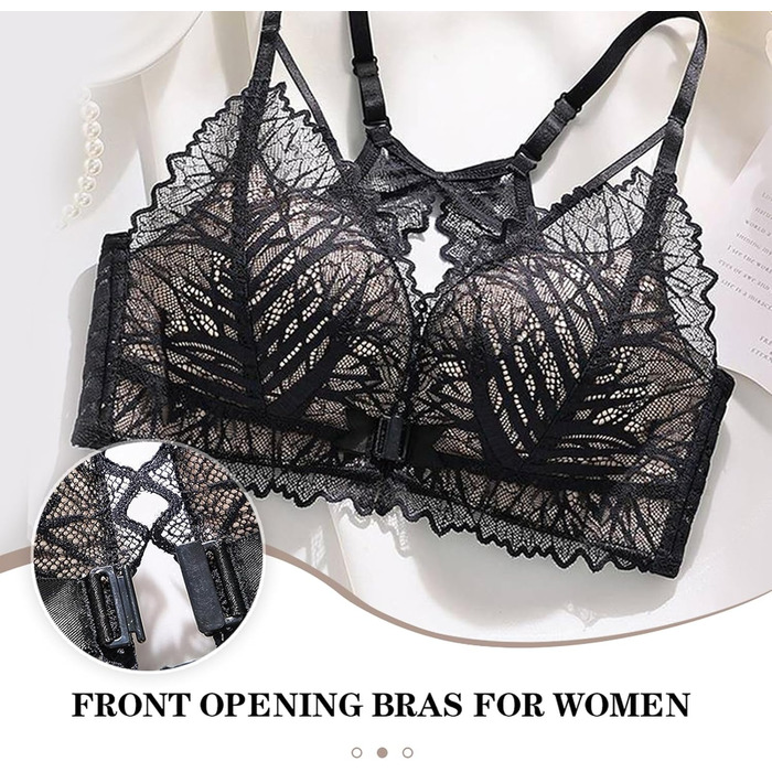 Жіноча спідня білизна MOONBADI BH та труси комплект, чорний, великі розміри 36/80B, мереживо, без кісточок, передня застібка