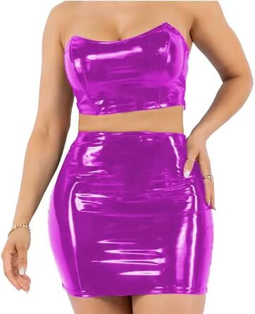 Короткий топ для живота великого розміру, Ветлюкс, ПВХ, Штучна шкіра, без бретелек, з міні-спідницею-олівець, двокольоровий комплект, для жінок, персоналізований, Фуксія XXL
