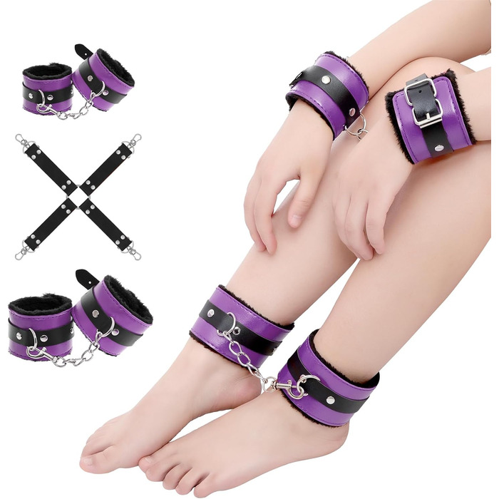 Набір для БДСМ зв'язування (12 предметів) - Fesselset Erotik SM. Зв'язки, наручники, кільця на щиколотки, анальний плаг, фіксатори для сосків, кульовий приглушник, перо-потівник, маска для очей, батіг, лопатка, бавовняний шнур (фіолетовий & чорний)