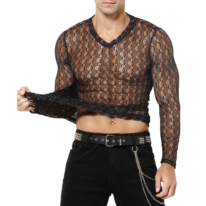 Муслін футболка Casey Kevin Herren Transparent, прозора сітка з довгим рукавом, сріблясті акценти, вертикальна смужка, V-подібний виріз, A2-чорний L