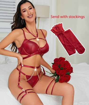 Сексуальний комплект нижньої білизни з бретельками для жінок, 7 частин: бюстгальтер з кісточками, трусики, панчохи, гетри, нагольник, ласий ланцюжок, червоний колір