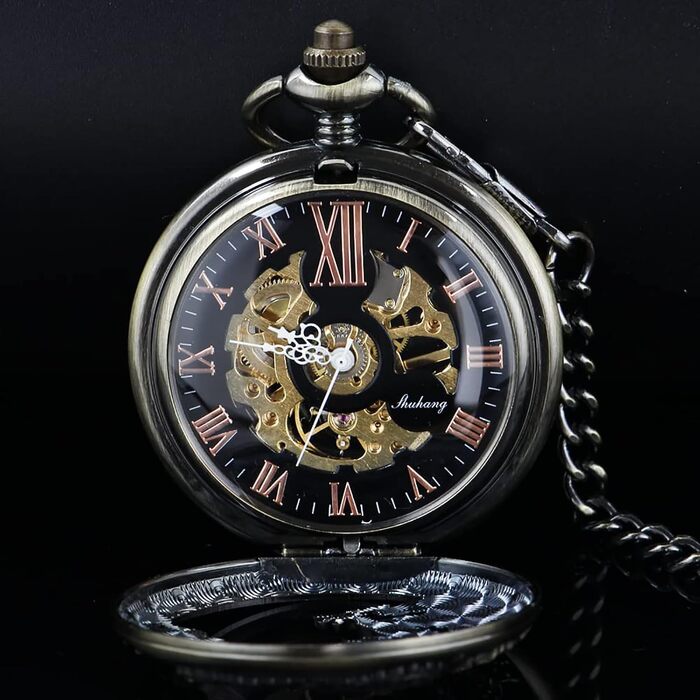 Механічний кишеньковий годинник Tiong Vintage Steampunk зі скелетоном, римськими цифрами та ланцюжком (бронза, чорний) — подарунковий набір з коробкою