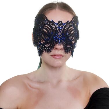 Чорна маска з мереживом та блакитними стразами для жінок - венеціанська маска для маскараду, карнавалу, Хелловіну, вечірки, Фашінгу, костюмного балу, ручної роботи, елегантна маска для очей чорного кольору (з блакитними стразами)
