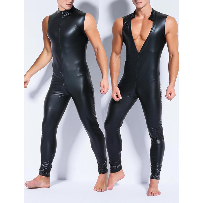 Комбінезон чоловічий лакований шкірозамінник PVC з довгим замком, сексуальний, облягаючий, чорний, розмір L