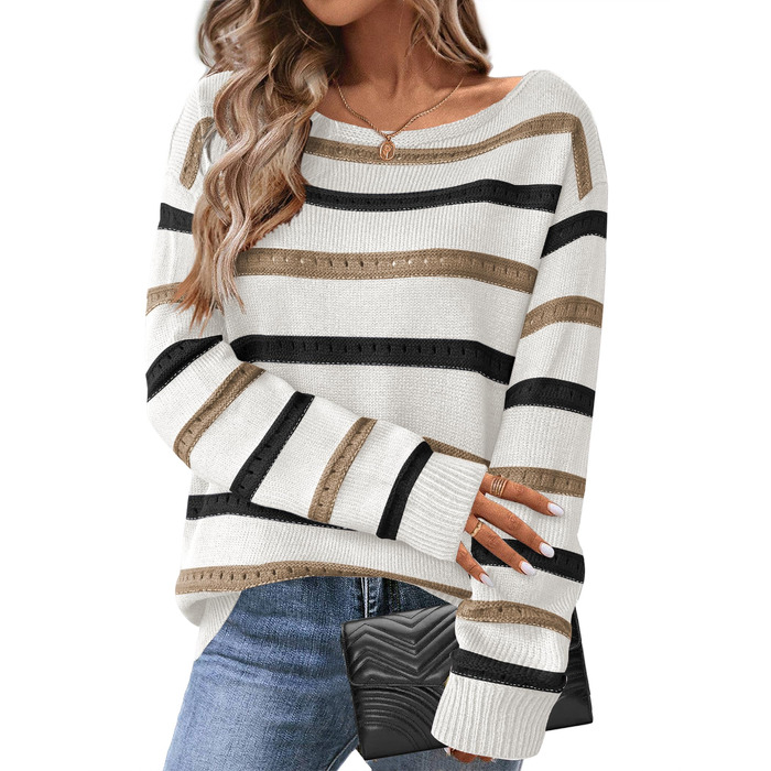Жіночий в'язаний светр Hotouch на осінь: елегантний пуловер oversize зі смугами та ажурними вставками, розмір M