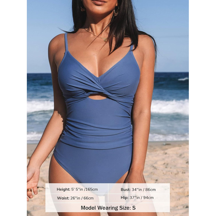 Купальник CUPSHE з V-подібним вирізом, ефект зав'язування, корегуючий, з декоративними вставками, суцільний, синій