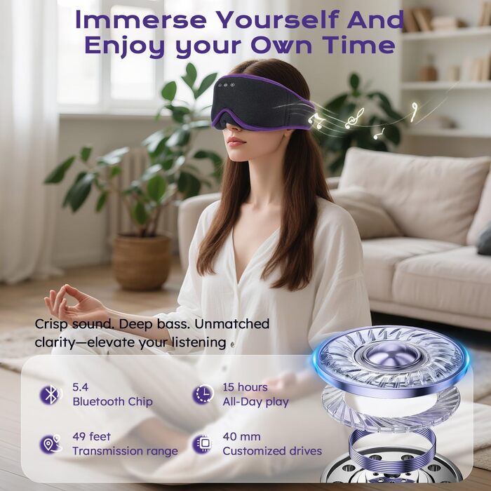 Маска для сну з Bluetooth-навушниками LC-dolida V5.4, дихаюча 3D маска для очей з мікрофоном з бавовни, миюча, для подорожей, йоги та медитації (Лаванда)