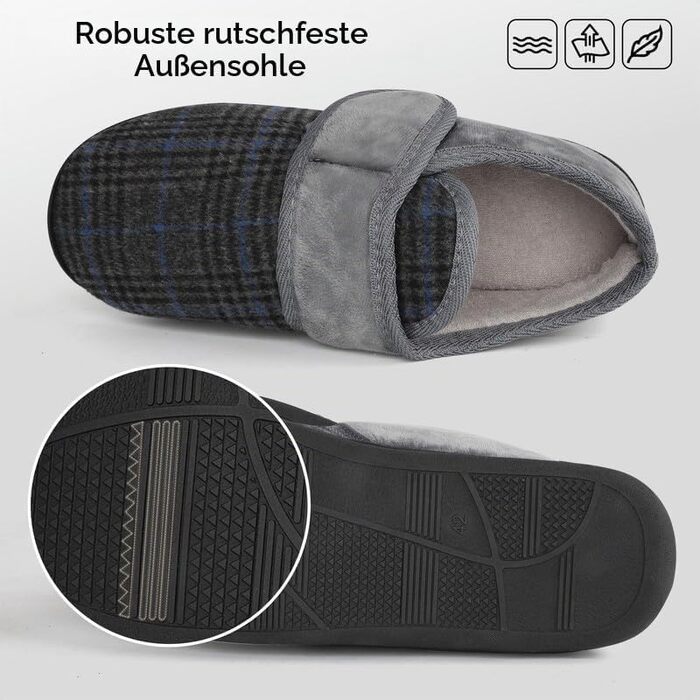 Чоловічі теплі домашні капці TIESTRA для літніх людей з Memory Foam, широка стопа, флісові тальпочки з липучкою (41 EU, сірі в смужку)