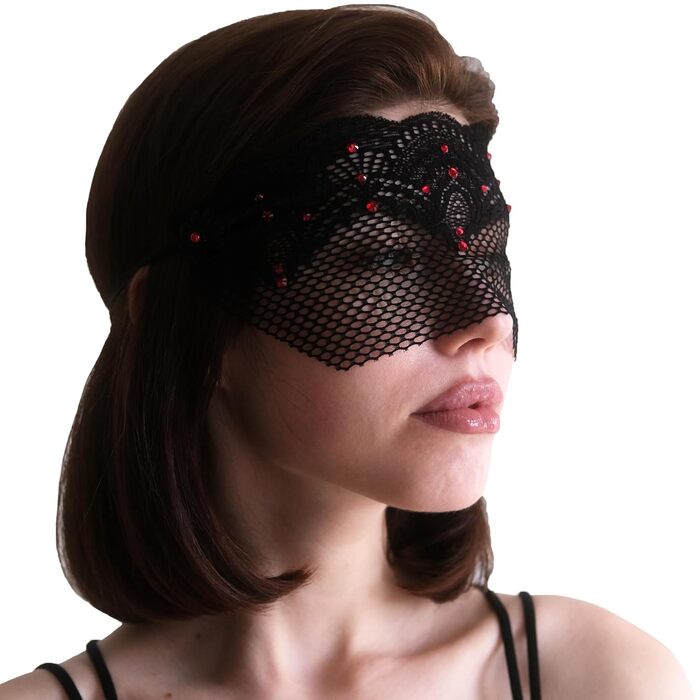 Чорна мереживна півмаска для жінок з червоними стразами – венеціанська маска для маскараду, карнавалу, весілля, вечірки, косплею, бурлеску та Марді Гра (Чорний (червоні стрази))