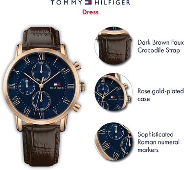 Чоловічий кварцовий годинник Tommy Hilfiger з багатофункціональним циферблатом, шкіряний ремінець, колір Rose Gold
