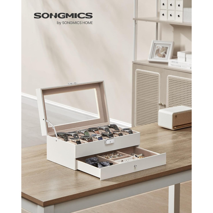 Бокс для годинників SONGMICS на 12 штук зі скляною кришкою та замком, 2 рівні, шухляда для каблучок та браслетів, PU-шкіра (Білий/Бежевий) JWB012K01