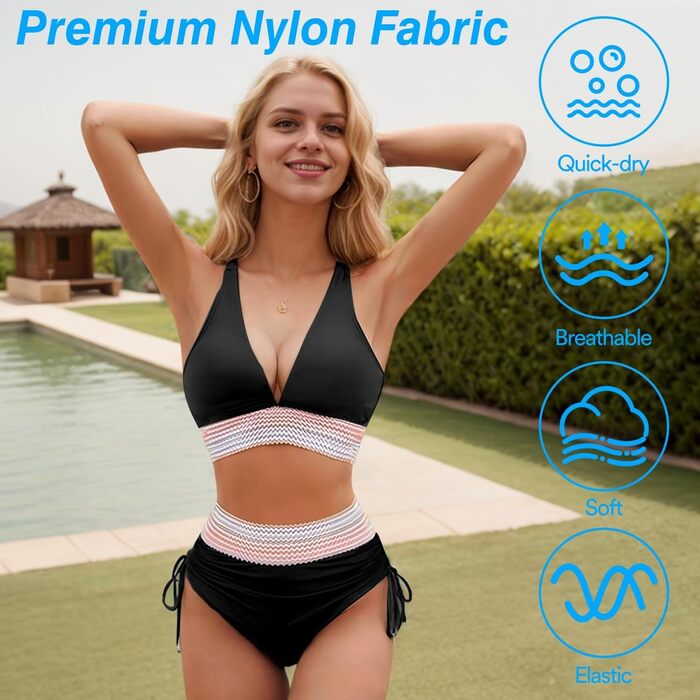 Бікіні з високою талією для жінок, комплект Push Up, контроль живота, регульовані бретелі, 2 шт., для пляжу, басейну, спа, чорний