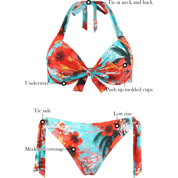 Бікіні Ocean Blues Push-up з квітковим принтом, комплект з підкладкою та зав'язками, блакитний, розмір M для пляжу та басейну