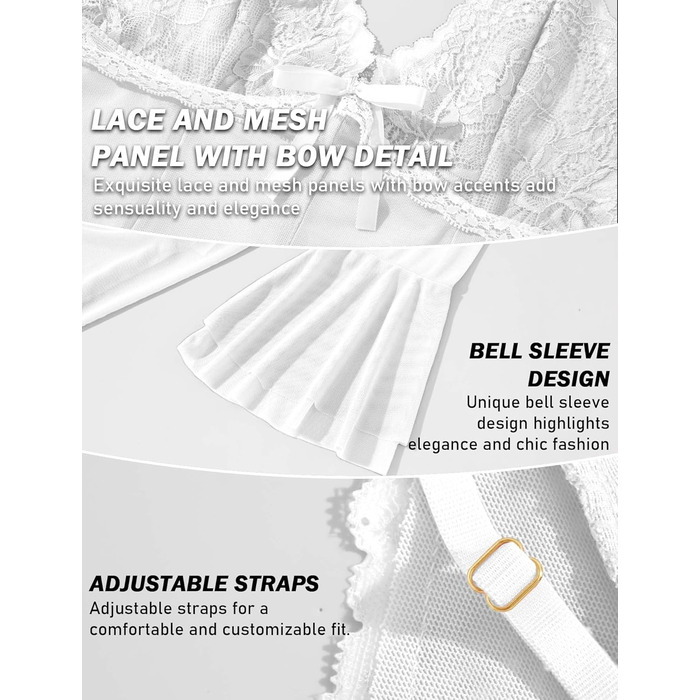 Жіночий комплект нижньої білизни AIEOE: мереживний халат-комбінезон з babydoll та нічна сорочка (білий, L)