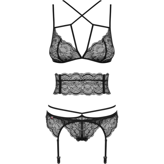 Сексуальний жіночий комплект нижньої білизни Obsessive: бюстгальтер, пояс для живота, пояс з лямками та танга, чорний, L-XL