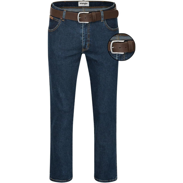 Чоловічі стрейч-джинси Wrangler Texas Regular Fit Authentic Straight, колір Darkstone, з коричневим ременем (46W / 30L)