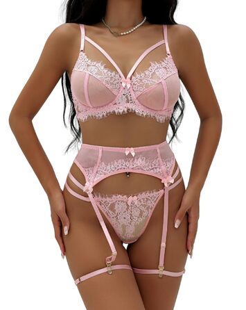 Жіночий комплект спідньої білизни з поясом для панчіх, мереживний, 4-частинний, висока талія, бретельки, без панчіх, рожевий, розмір 36