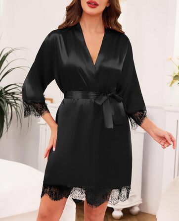 Кимоно жіноче коротке з мереживом Ovasy Satin Bademante, чорний, розмір L