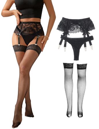Жіночий корсетний пояс з мереживом Ohmydear з 4 кліпсами. Сучасний корсетний ремінь з високою талією, сексуальний набір спідньої білизни з панчішними галтелями. Розміри XS-4XL (1 упаковка - чорний корсетний пояс + панчішні мереживні панчохи, M-L)