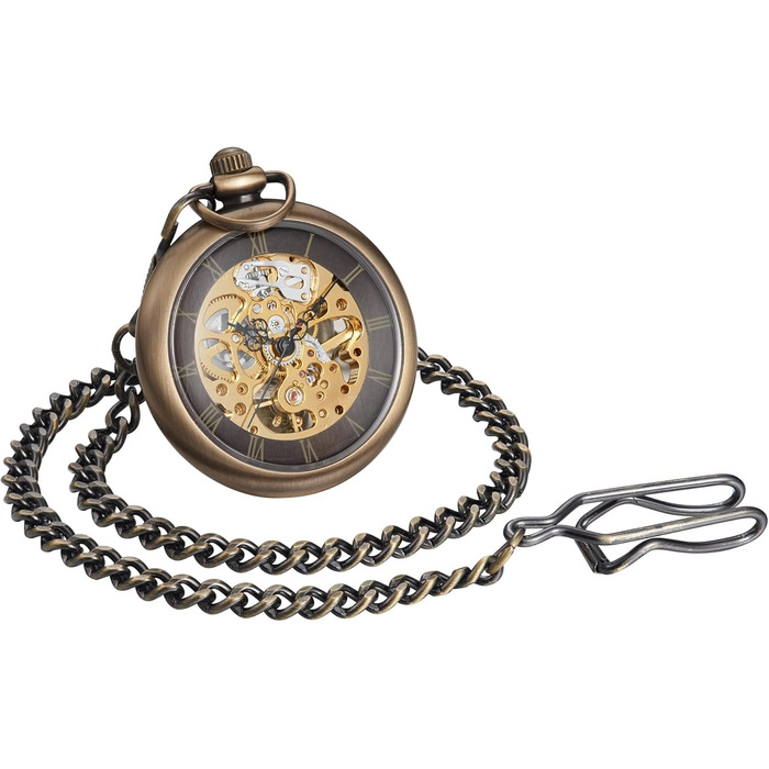 Механічний кишеньковий годинник ShoppeWatch з ланцюжком для чоловіків, ручний завод, відкритий прозорий циферблат, стімпанк аксесуар у стилі 1920-х років (Бронзовий)