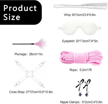 Набір для БДСМ зв'язування: пов'язка на очі, бандаж, наручники, анальний плаг, клямки для сосків, бавовняне трос, петарди, для пар (рожевий та білий)