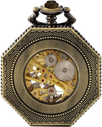 Чоловічий кишеньковий механічний годинник BOSHIYA Vintage Steampunk: скелетон, підсвічування, ручний завод, бронзовий колір (гексагональний корпус)