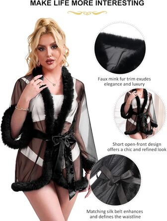Кимоно жіноче з тюлю, коротка, сексуальна піжама з штучним хутром, прозора, великі розміри, халат, бікіні, нарядний халат, сукня для вагітних з поясом (XL-XXL, чорний)