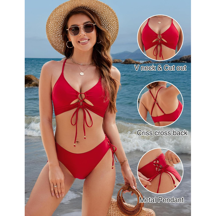 Бікіні жіночий Blooming Jelly Push-Up з вирізами, червоний L. Купальник роздільний з металевими деталями та шнурівкою.