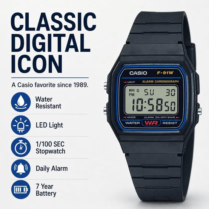 Чоловічий класичний кварцовий годинник Casio F-91W чорний, водостійкий, зі стопоміром, будильником та автоматичним календарем