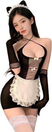 Сукня-сітка JasmyGirls для жінок у стилі французької служниці, комплект з панчохами, фартухом та рукавичками, чорний, X-Small - Large