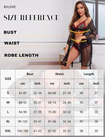 RSLOVE Комплект сексуальної білизни 3 частини: мереживний кімоно, бюстгальтер та труси (S, чорний, червоний)