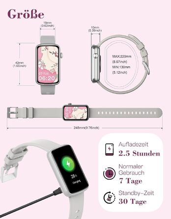 Смарт-годинник жіночий 1.47'' Fitness Tracker з моніторингом серця, SpO2, сну та циклу менструації, підтримка дзвінків та повідомлень WhatsApp, для Android та iOS (Сірий)