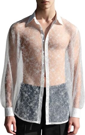 Чоловіча сітчаста сорочка Mymyguoe: прозора, з коротким рукавом, для клубів та вечірок, білий колір