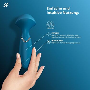 Вібратор Satisfyer Mini Wand-er: 12 програм, водонепроникний (IPX7), медичний силікон, для жіночих масажів та еротичних розваг, блакитний
