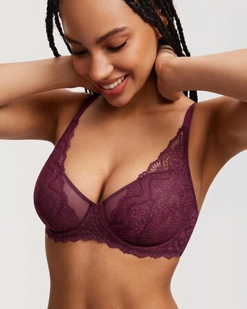 Бюстгальтер Dobleva з мереживом, з кісточками, ефект мінімайзер, великі розміри, сексуальний, прозорий, глибокий виріз (75B, Traubenwein)