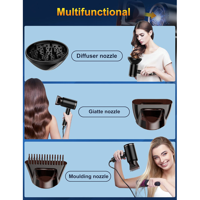 Професійний іонний фен для волосся 2400W з дифузором, складаний дорожній фен з AC-мотором, 3 режими нагріву, чорний