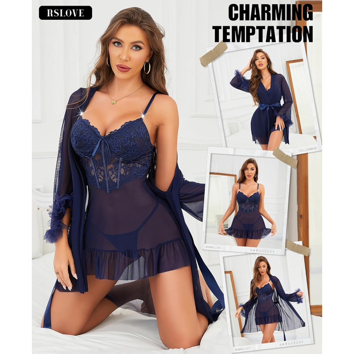 RSLOVE Комплект сексуальної білизни з мережива для жінок - нічна сорочка-бабідол, комплект з 2 частин, нігтя, (L, темно-синій)