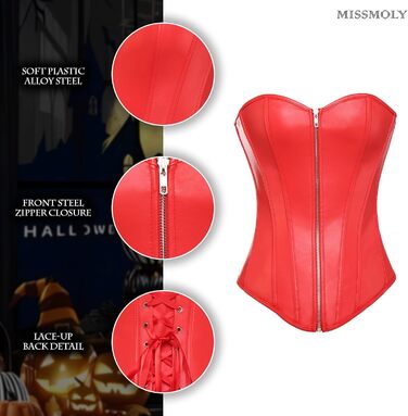MISS MOLY Корсаж з повним бюстом, вінтажний, з штучної шкіри, стильний, корсет, на блискавку/застібку, з G-String (4XL, Червоний)