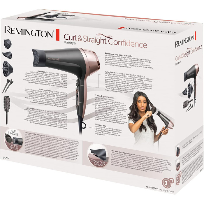 Фен для волосся Remington Curl & Straight D5707 з іонізацією, 2200 Вт, набір для стайлінгу (дифузор, конічна насадка, кругла щітка 45 мм)