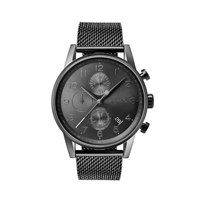 Чоловічий годинник BOSS Chronograph Quartz серії Navigator зі сталевим міш-браслетом або шкіряним ремінцем (Grey)