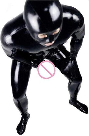 Комбінезон латексний чоловічий чорний блискучий, облягаючий, на блискавці, з гумкою.