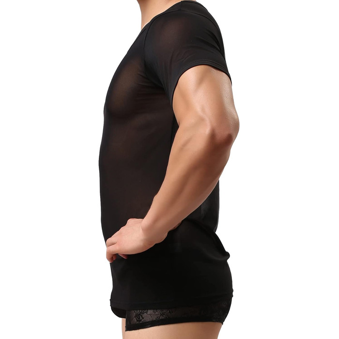 Чоловіча прозора футболка, мереживна сорочка, облягаючий крій, сексуальна білизна, чорний колір, розміри S, M, L, XL