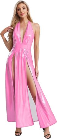 ТіаоБаг: Сукня з ефектом мокрого блиску, без бретелек, з глибоким V-подібним вирізом, з розрізом, рожевого кольору, для дому та вечірок