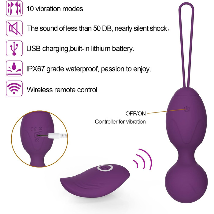 Тренування тазового дна для жінок з пультом дистанційного керування, набір Kegel Ball, багато режимів, силіконові м'ячі для контролю сечовипускання та вправ для тазового дна (фіолетовий)