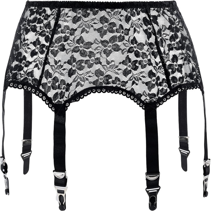 Жіночий ремінь-стріп-гурт з 6 гачками Klönkee, широкий, чорний, з мереживом