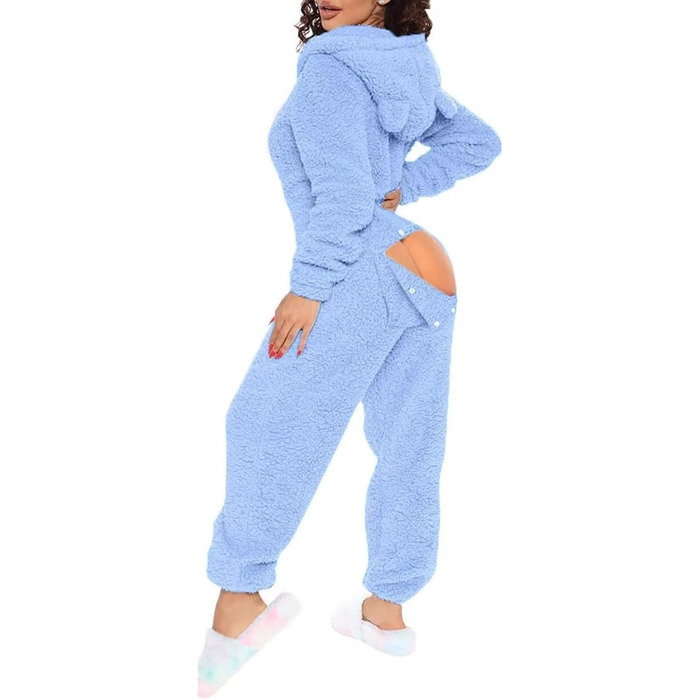 Жіночий флісовий комбінезон MANGGUO з капюшоном та вушками, з клапаном на стегнах, чорний (M, Синій)