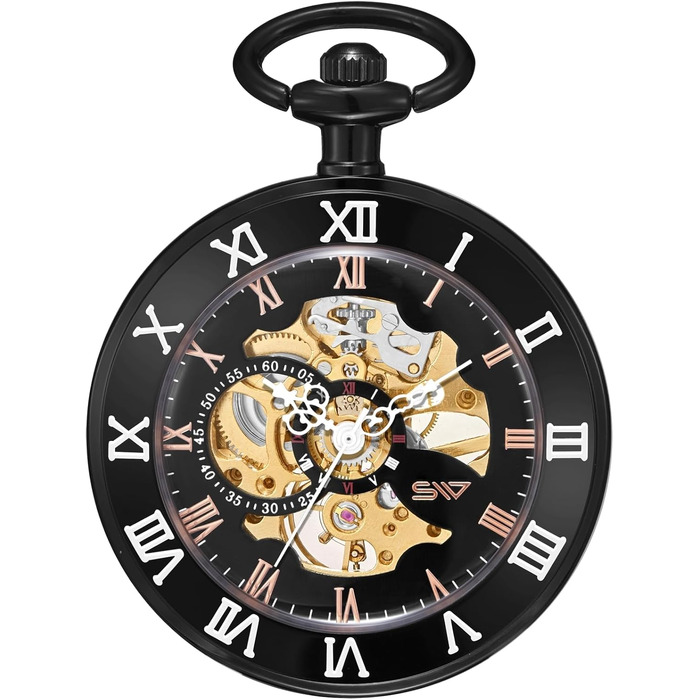 Механічний кишеньковий годинник ShoppeWatch для чоловіків з ланцюжком, ручний завод, прозорий циферблат у стилі стімпанк (чорний)