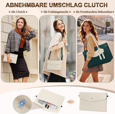 Жіноча сумка-шопер RAINSMORE великого розміру з клатчем, сумка для ноутбука 15.6 дюймів, ділова сумка з екошкіри для роботи та навчання (Темно-зелений & білий)